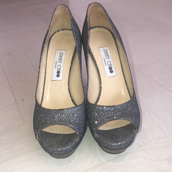 Jimmy Choo Black Sparkly High Heel Peep Toe Shoes - Picture 3 of 8